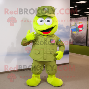 Lime Green American Soldier mascot costume character dressed with a Oxford Shirt and Clutch bags