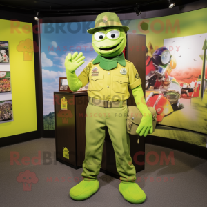 Lime Green American Soldier mascot costume character dressed with a Oxford Shirt and Clutch bags