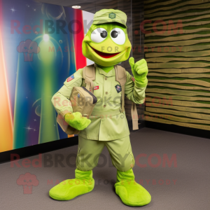 Lime Green American Soldier mascot costume character dressed with a Oxford Shirt and Clutch bags