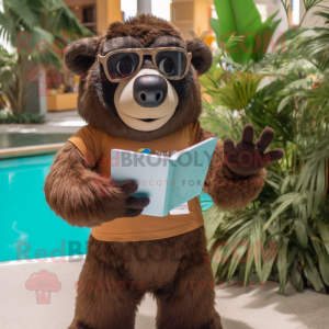 Brown Sloth Bear mascot costume character dressed with a Rash Guard and Reading glasses