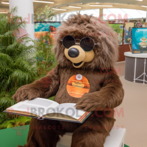 Brown Sloth Bear mascot costume character dressed with a Rash Guard and Reading glasses