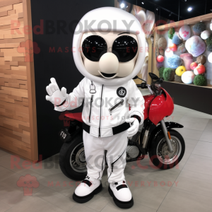 White Apple mascot costume character dressed with a Biker Jacket and Wraps