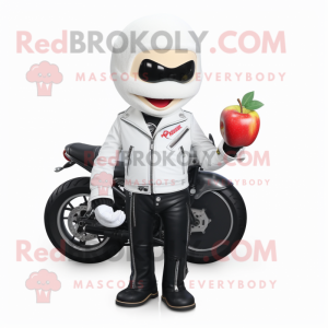 White Apple mascot costume character dressed with a Biker Jacket and Wraps