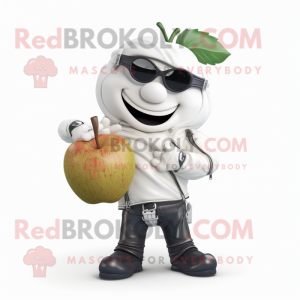 White Apple mascot costume character dressed with a Biker Jacket and Wraps