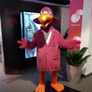 Magenta Flamingo mascot costume character dressed with a Cardigan and Hat pins