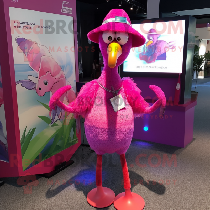 Magenta Flamingo mascot costume character dressed with a Cardigan and Hat pins