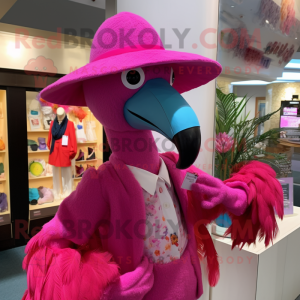 Magenta Flamingo mascot costume character dressed with a Cardigan and Hat pins