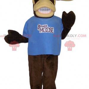 Very comical caribou mascot with his blue t-shirt -