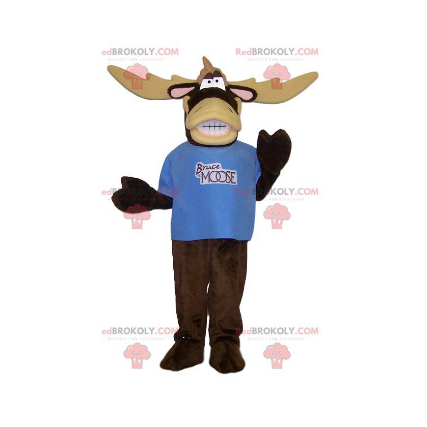Very comical caribou mascot with his blue t-shirt -