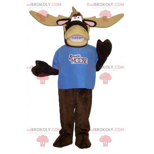 Very comical caribou mascot with his blue t-shirt -