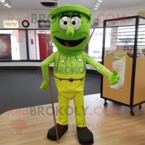 Lime Green Knife Thrower mascot costume character dressed with a Dress Pants and Suspenders