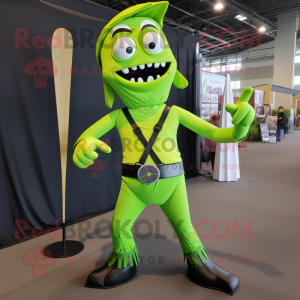 Lime Green Knife Thrower mascot costume character dressed with a Dress Pants and Suspenders