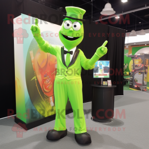 Lime Green Knife Thrower mascot costume character dressed with a Dress Pants and Suspenders