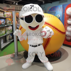 White Baseball Ball mascot costume character dressed with a Bikini and Messenger bags