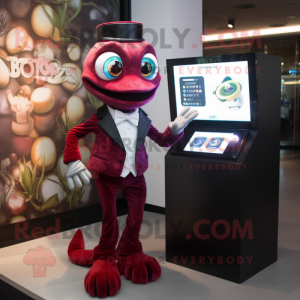 Maroon Geckos mascot costume character dressed with a Tuxedo and Digital watches