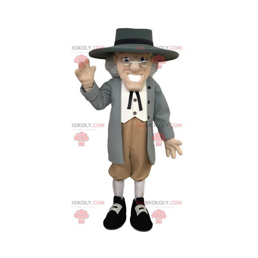 Mascote elegante idoso com chapéu cinza - Redbrokoly.com Mascote elegante idoso com chapéu cinza - Redbrokoly.com