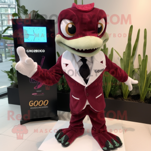 Maroon Geckos mascot costume character dressed with a Tuxedo and Digital watches