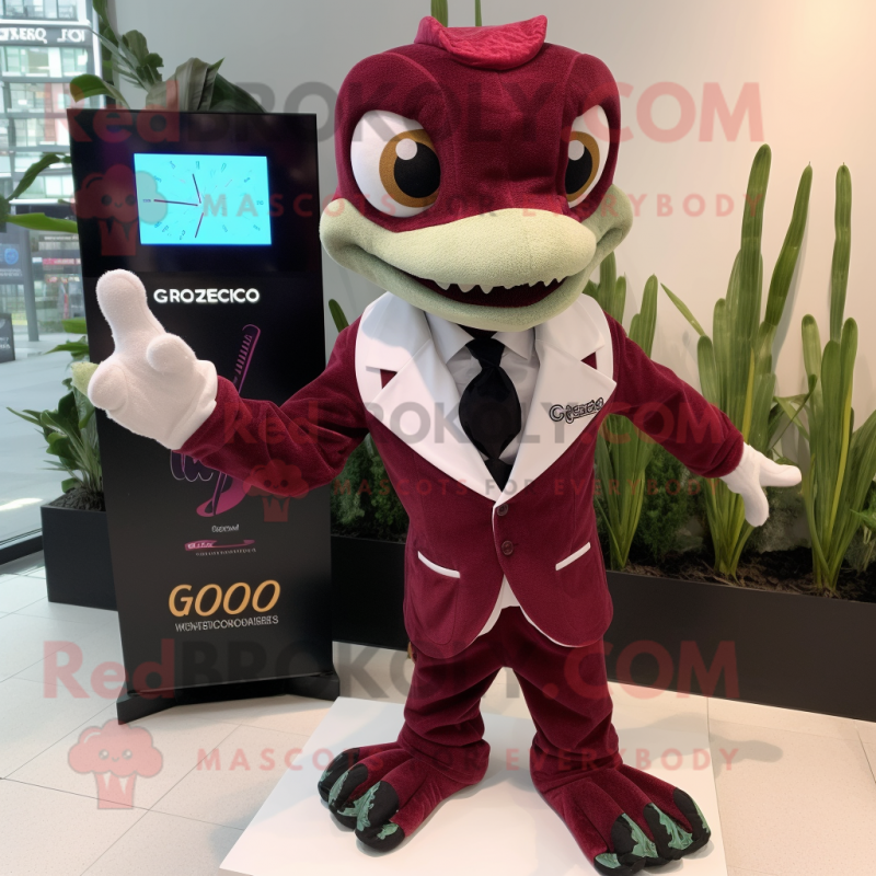 Maroon Geckos mascot costume character dressed with a Tuxedo and Digital watches Maroon Geckos mascot costume character dressed with a Tuxedo and Digital watches