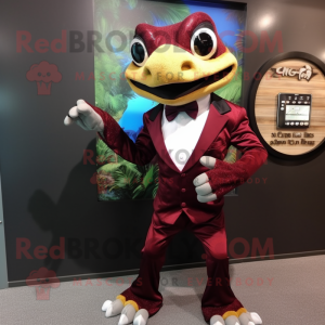 Maroon Geckos mascot costume character dressed with a Tuxedo and Digital watches