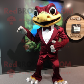 Maroon Geckos mascot costume character dressed with a Tuxedo and Digital watches