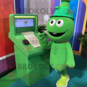 Green Phone mascot costume character dressed with a Midi Dress and Cufflinks