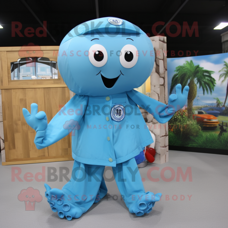 Sky Blue Octopus mascot costume character dressed with a Cargo Pants and Headbands Sky Blue Octopus mascot costume character dressed with a Cargo Pants and Headbands