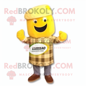 Lemon Yellow Lasagna mascot costume character dressed with a Flannel Shirt and Beanies