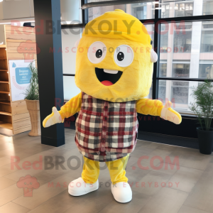 Lemon Yellow Lasagna mascot costume character dressed with a Flannel Shirt and Beanies