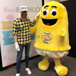 Lemon Yellow Lasagna mascot costume character dressed with a Flannel Shirt and Beanies