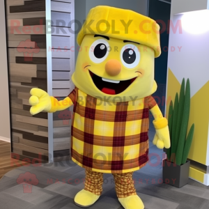 Lemon Yellow Lasagna mascot costume character dressed with a Flannel Shirt and Beanies