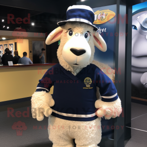 Navy Merino Sheep mascot costume character dressed with a Long Sleeve Tee and Berets