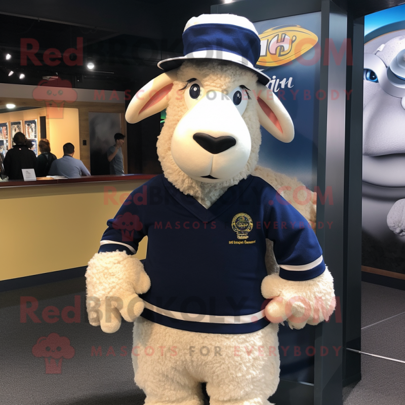 Navy Merino Sheep mascot costume character dressed with a Long Sleeve Tee and Berets Navy Merino Sheep mascot costume character dressed with a Long Sleeve Tee and Berets