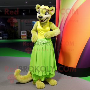 Lime Green Thylacosmilus mascot costume character dressed with a Maxi Skirt and Headbands