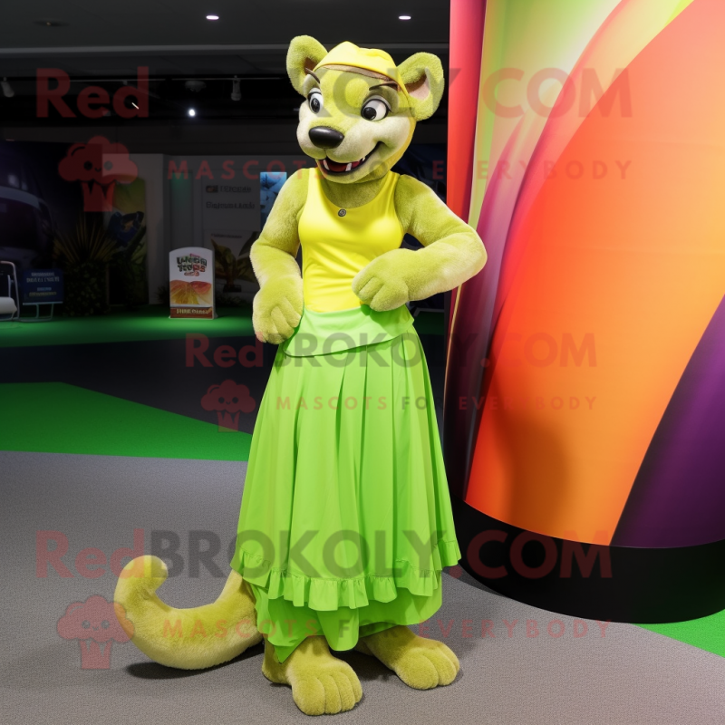 Lime Green Thylacosmilus mascot costume character dressed with a Maxi Skirt and Headbands