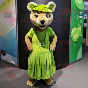 Lime Green Thylacosmilus mascot costume character dressed with a Maxi Skirt and Headbands