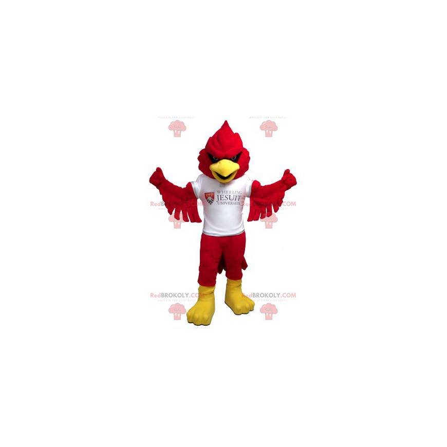 Mascota pájaro rojo y amarillo con una camiseta blanca -