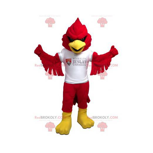 Mascotte d'oiseau rouge et jaune avec un t-shirt blanc -