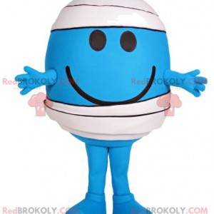 Mascote homenzinho redondo azul com uma bandagem -