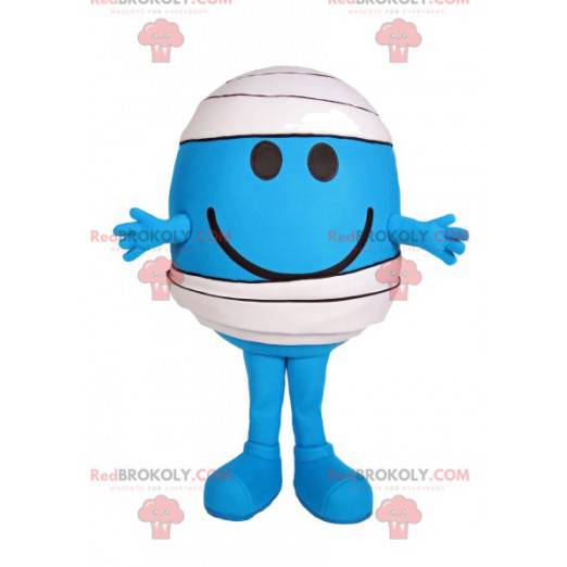 Kleine blauwe ronde man mascotte met een verband -