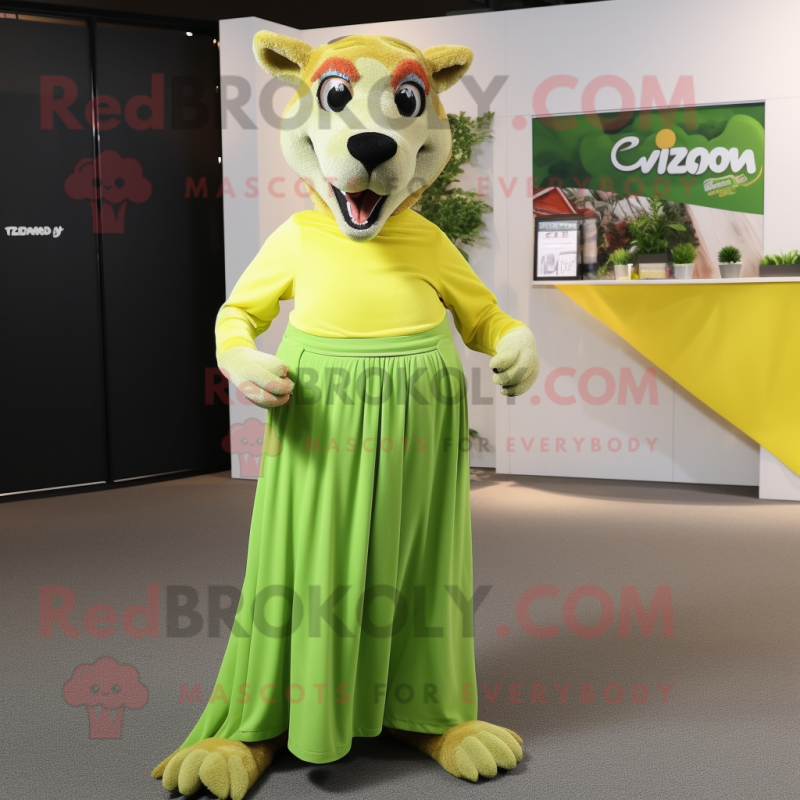 Lime Green Thylacosmilus mascot costume character dressed with a Maxi Skirt and Headbands