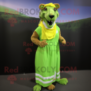 Lime Green Thylacosmilus mascot costume character dressed with a Maxi Skirt and Headbands