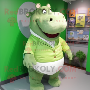 Olive Hippopotamus mascot costume character dressed with a Vest and Hair clips