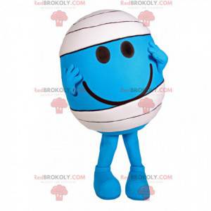 Mascote homenzinho redondo azul com uma bandagem -