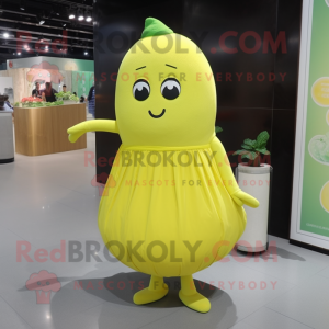 Lemon Yellow Cucumber mascot costume character dressed with a Shift Dress and Clutch bags