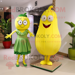 Lemon Yellow Cucumber mascot costume character dressed with a Shift Dress and Clutch bags