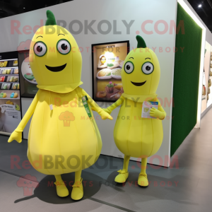 Lemon Yellow Cucumber mascot costume character dressed with a Shift Dress and Clutch bags