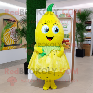 Lemon Yellow Cucumber mascot costume character dressed with a Shift Dress and Clutch bags