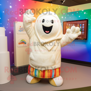 Cream Rainbow mascot costume character dressed with a Sweatshirt and Shawls