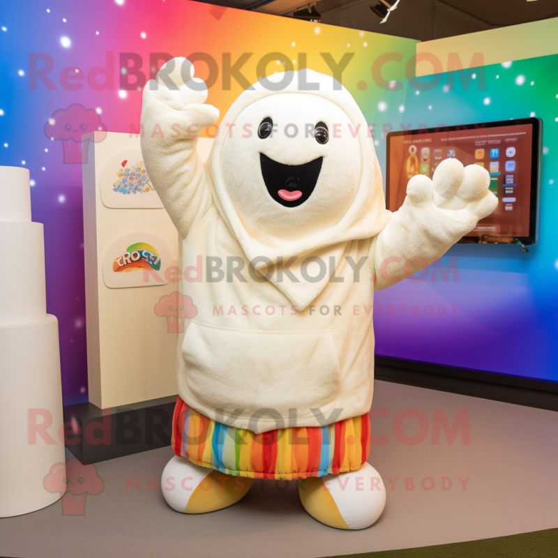 Cream Rainbow mascot costume character dressed with a Sweatshirt and Shawls Cream Rainbow mascot costume character dressed with a Sweatshirt and Shawls