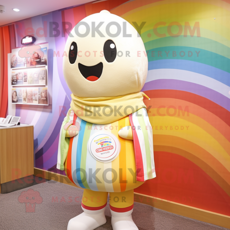 Cream Rainbow mascot costume character dressed with a Sweatshirt and Shawls Cream Rainbow mascot costume character dressed with a Sweatshirt and Shawls